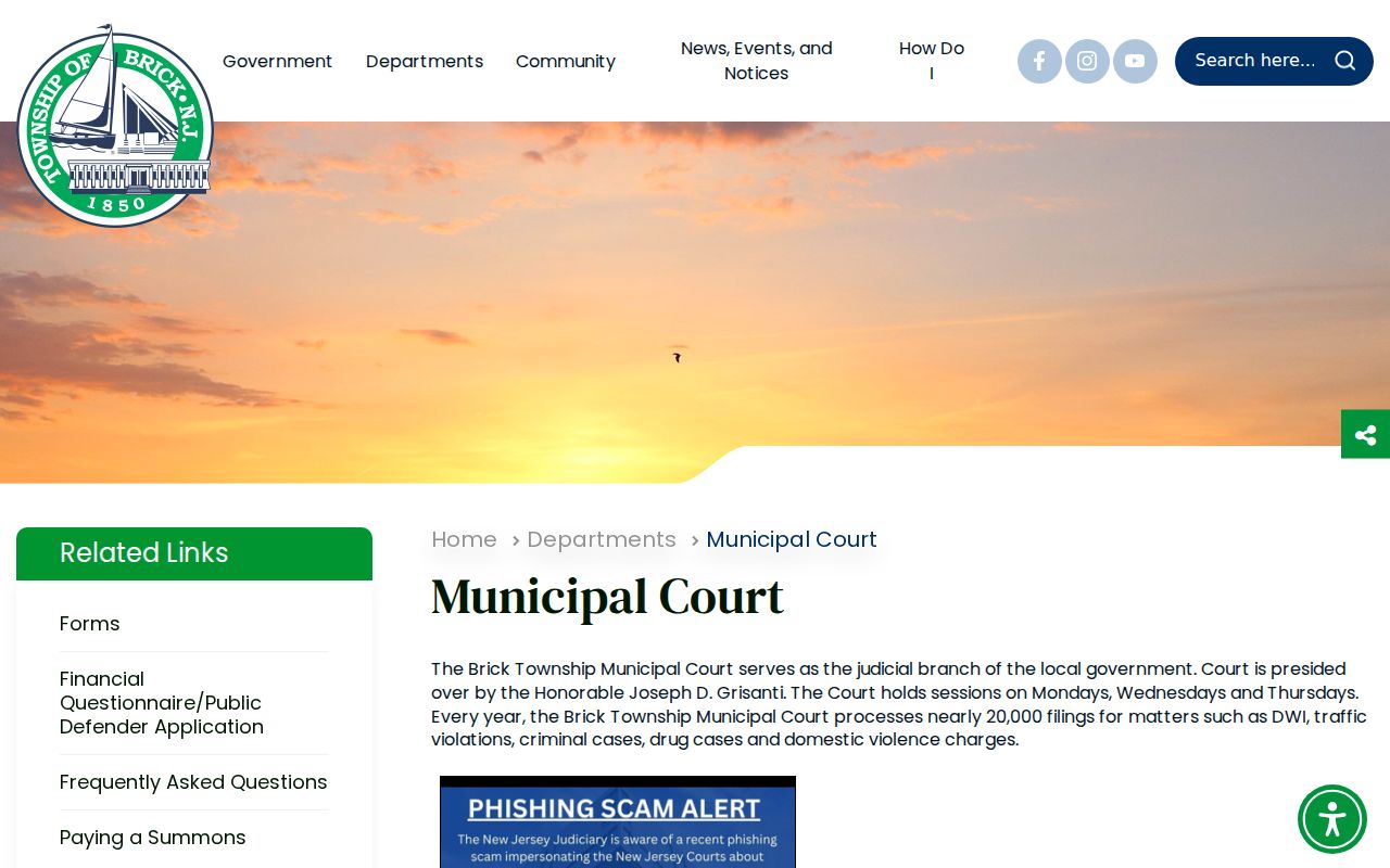Brick Township Municipal Court record lookup page