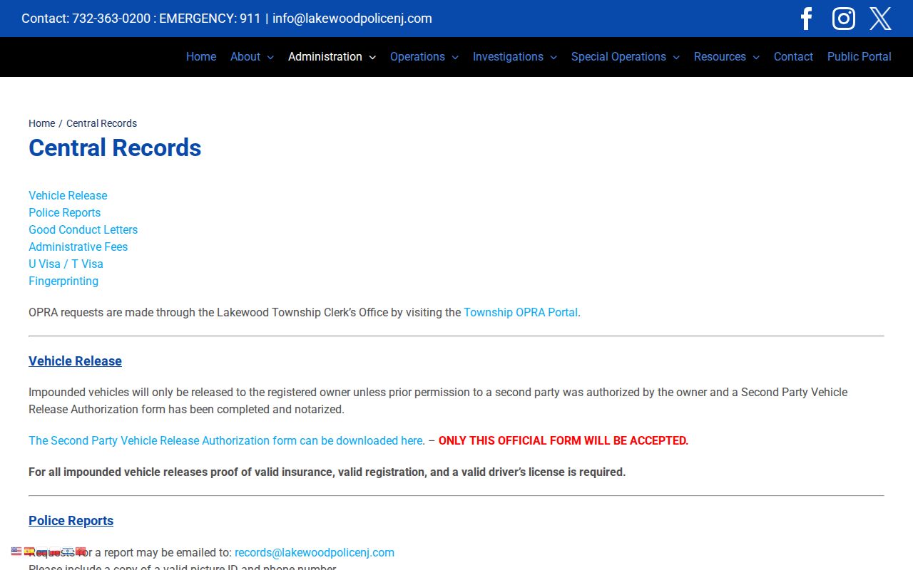 Lakewood Township criminal records Central Records page