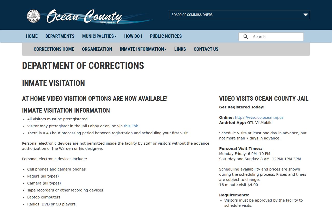 Ocean County arrest custody visitation information