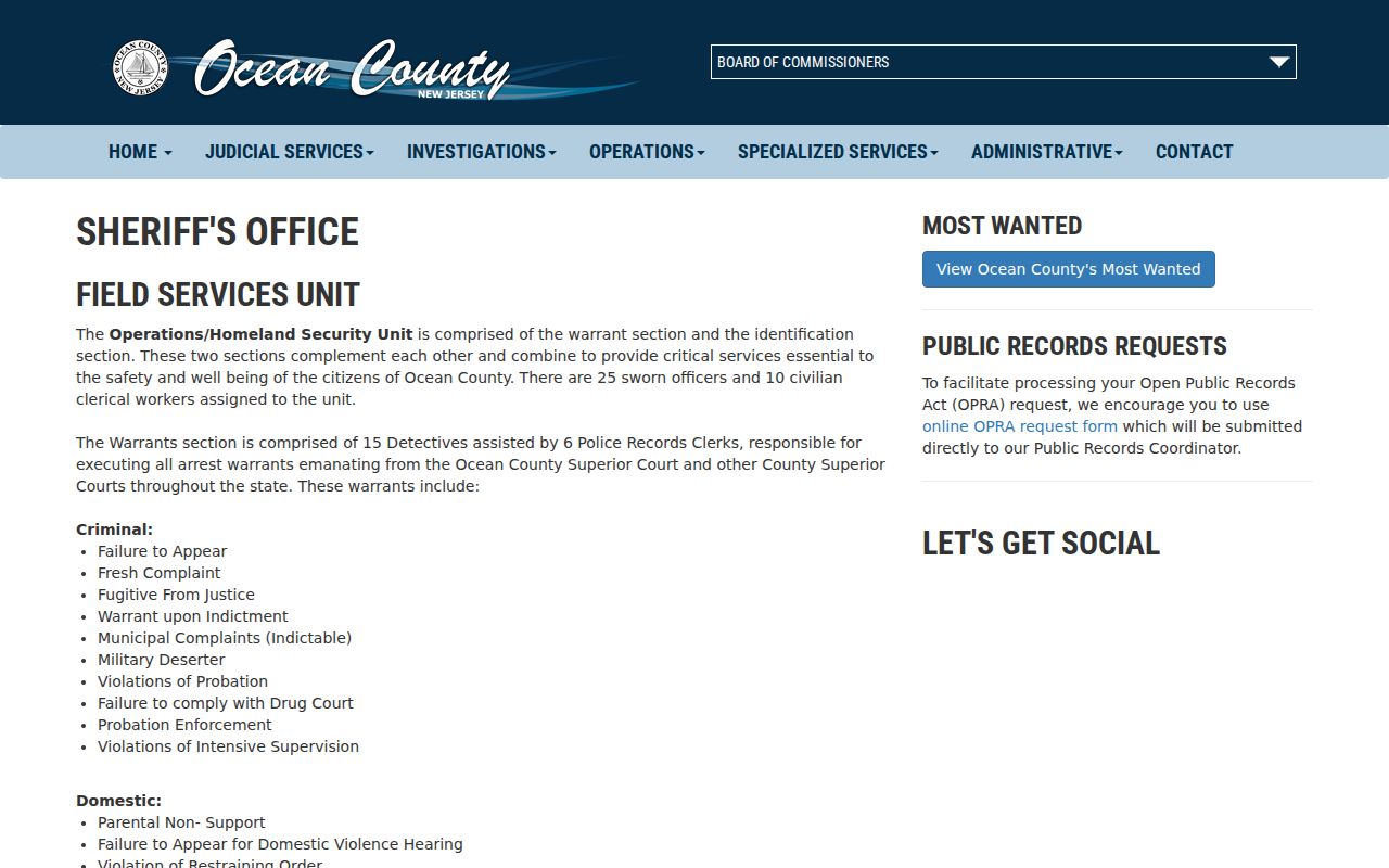 Ocean County arrest records Sheriff Field Services page