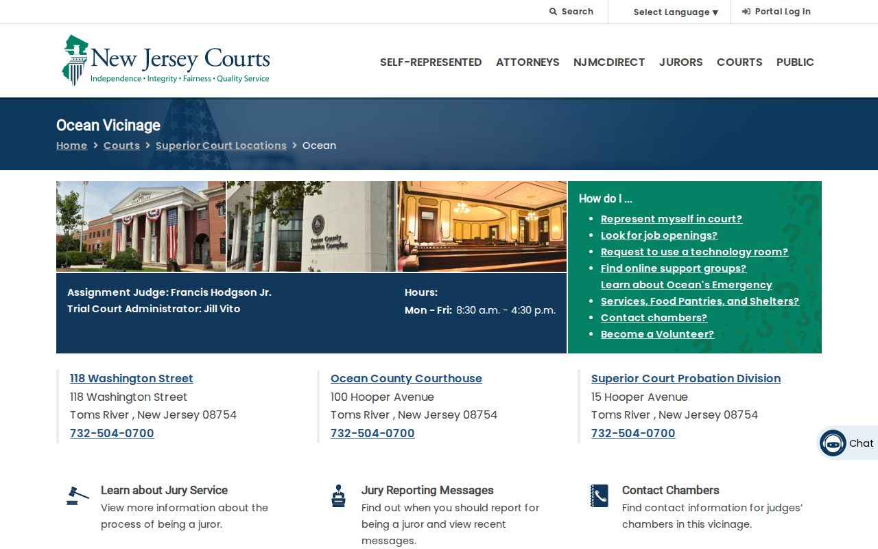 Ocean County court case records in the Ocean Vicinage directory